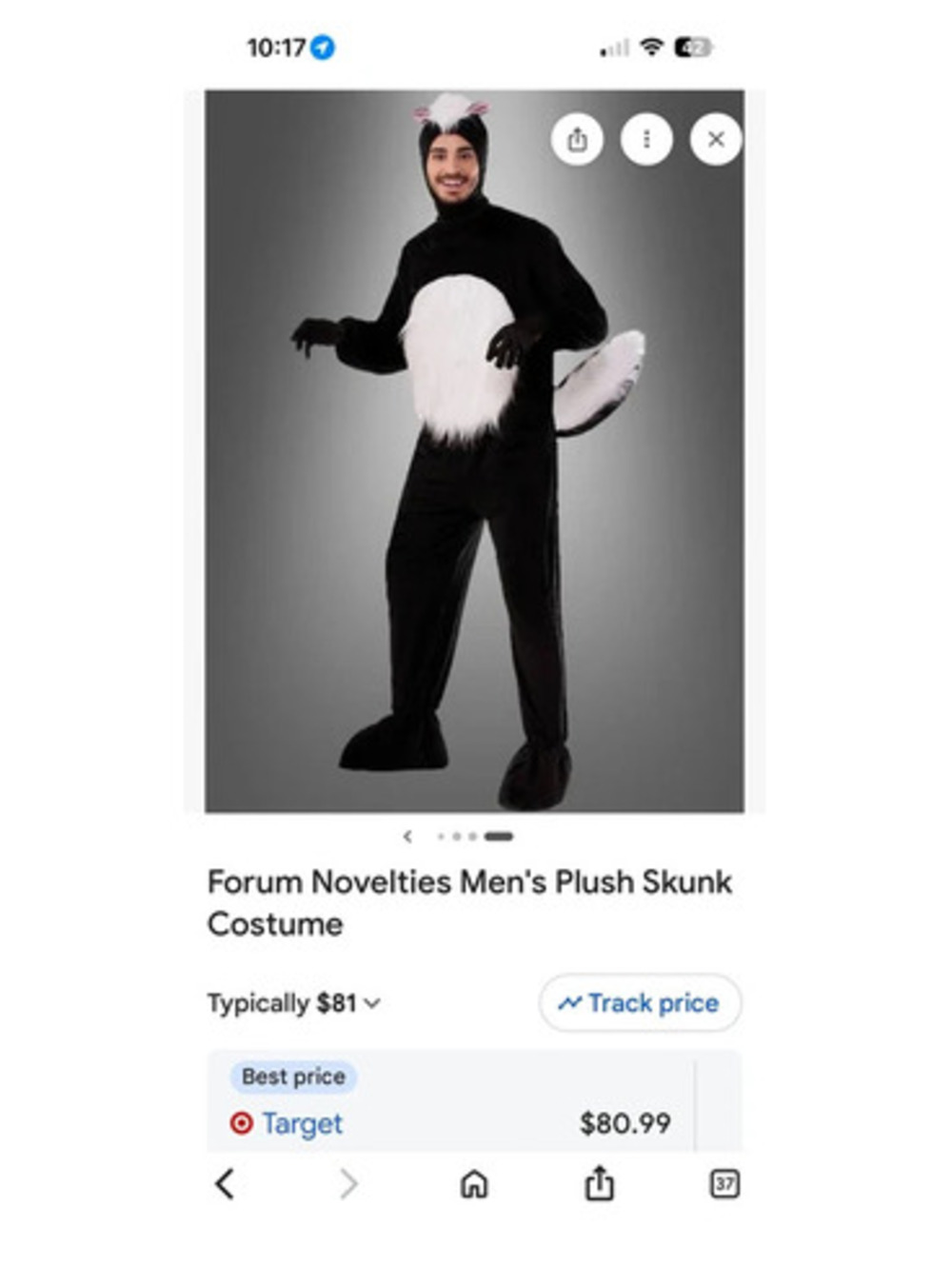 Jerry Beck Adult Skunk Costume Black White Faux Fur Jumpsuit Hood Tail Paws